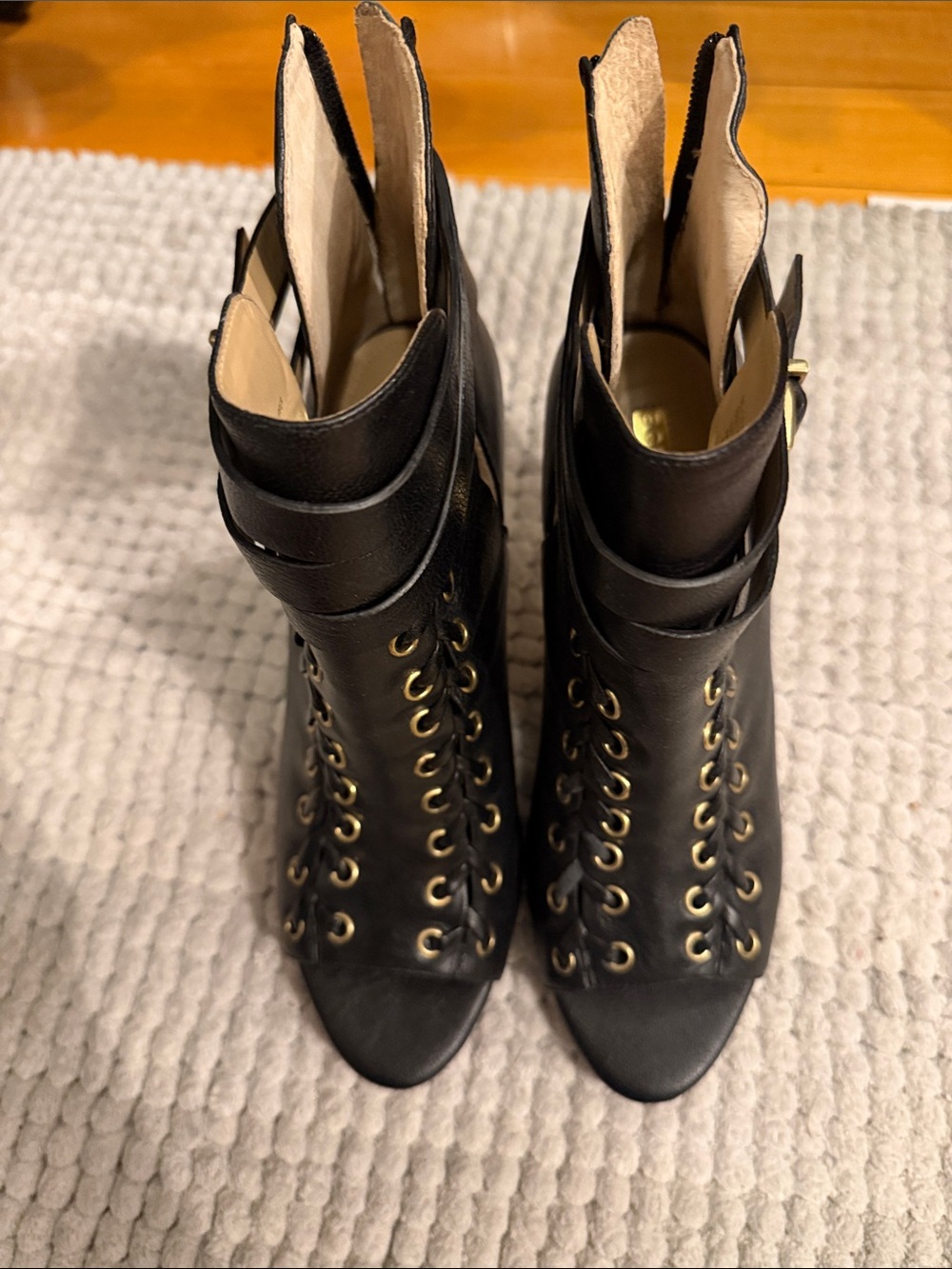 BCBG Black Lace-Up Peep Toe Ankle Boots with Gold Eyelets